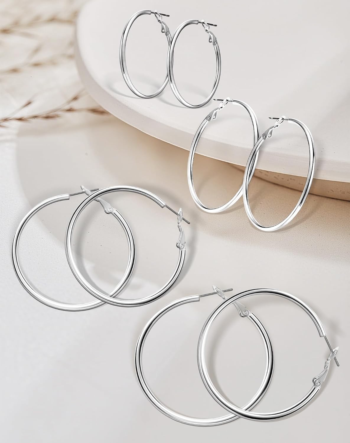 4 Pairs Sliver Hoop Earrings for Women Hypoallergenic Surgic Steel 30/40/50/60Mm