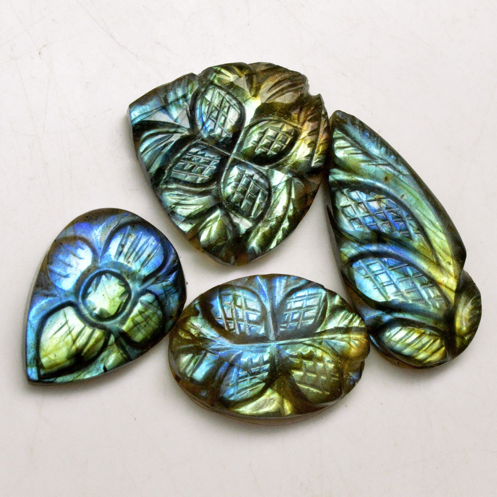 4Pcs 63Cts Natural Labradorite Carving Loose Gemstone Lot 30×10 20x13mm #R-13647