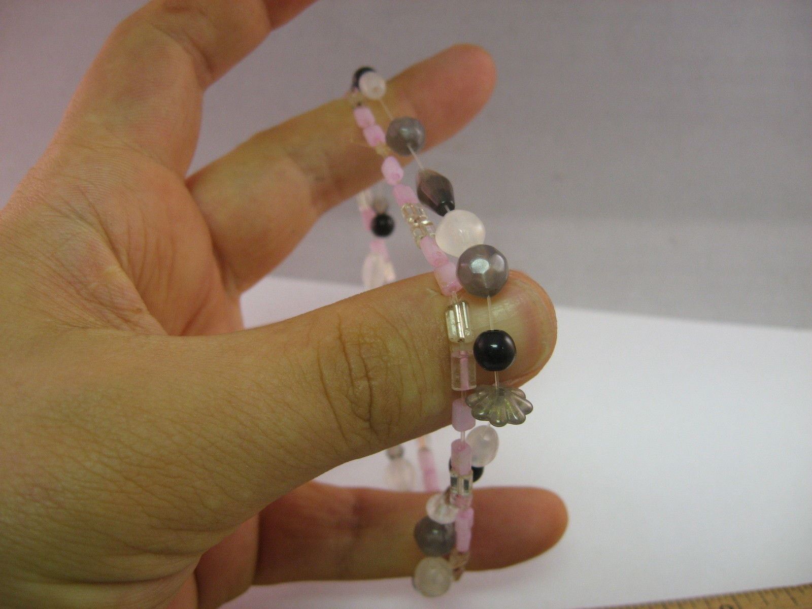 Lot of 2 Beaded Stretch Bracelets Pink Glass & Black Gray White Stone Boho Style