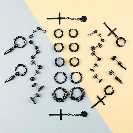 16 Pairs Stainless Steel Earrings Set for Men Stud Hoop Cross Dangle Jewelry