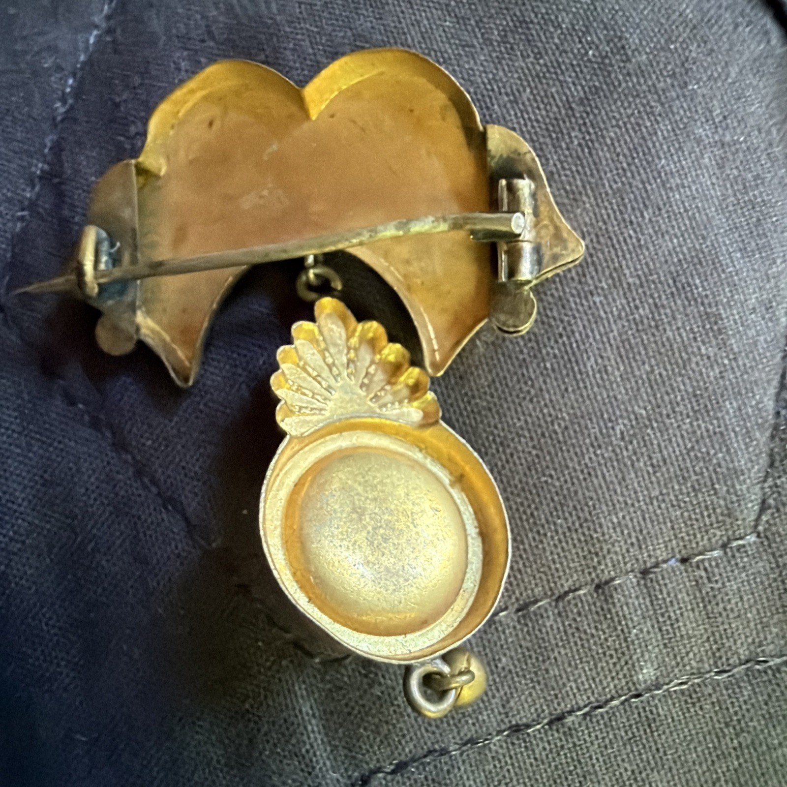 Antique Victorian Etruscan Hollow Gold Filled Dangle Brooch Pin Rose Gold Leaves