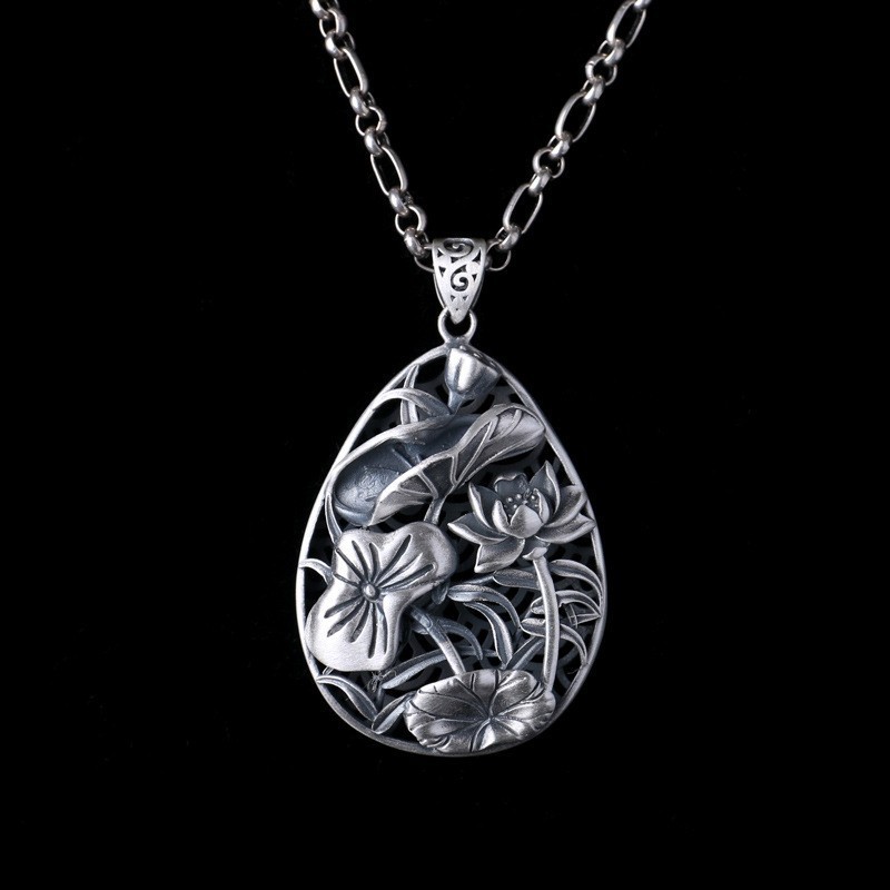 Lotus Leaf Teardrop Pendant Double Sided Openwork Matte 27.5g 990 Fine Silver