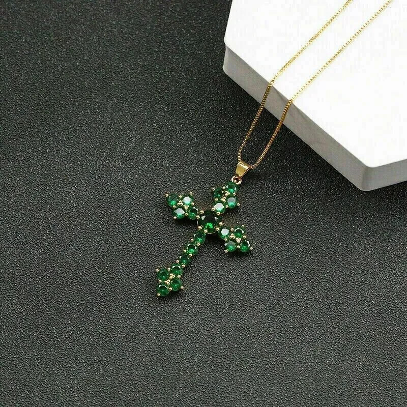 2Ct Round Cut Green Emerald Cross Women’s Pendant Necklace 14K Yellow Gold Over