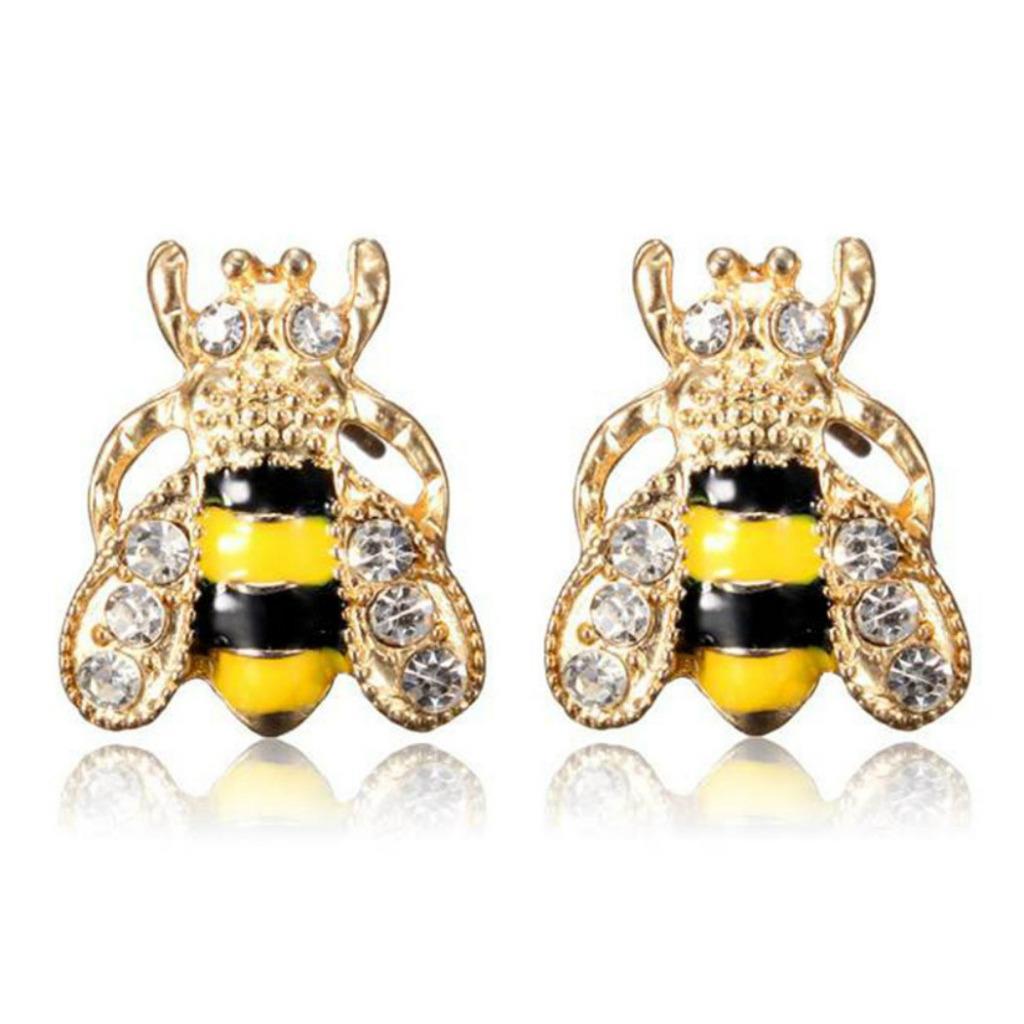 CUTE HONEY BEE EARRINGS Post Stud Pair NEW Yellow Black Enamel Bling Rhinestone