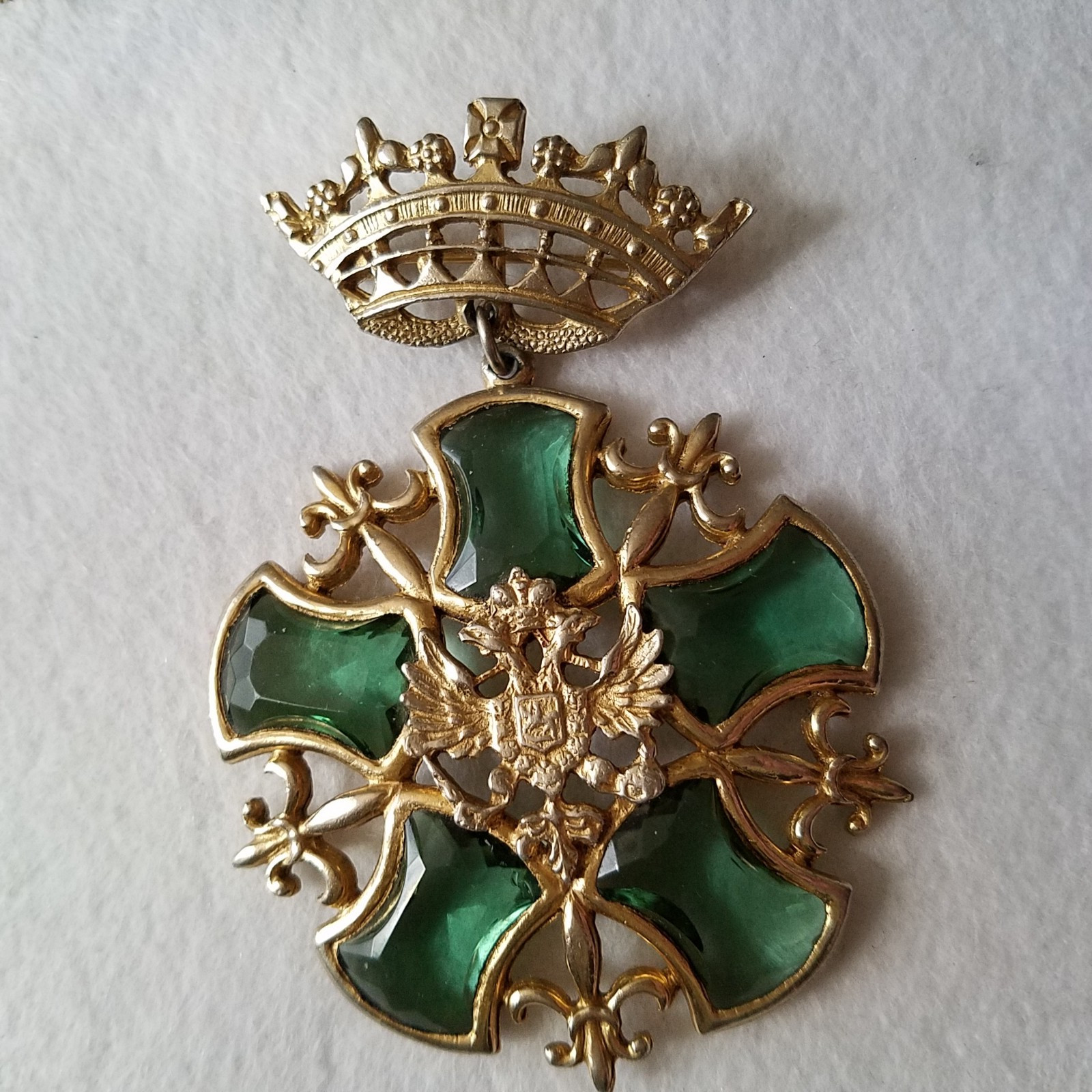 Vintage Crown Doubled-Headed Eagle Shield Green Rhinestone Fleur de Lis Brooch
