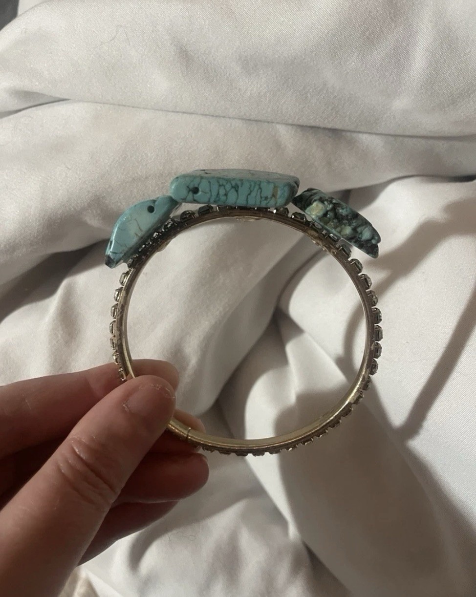 Handmade Natural Turquoise & Rhinestones jewel bangle 57mm Inner Diameter