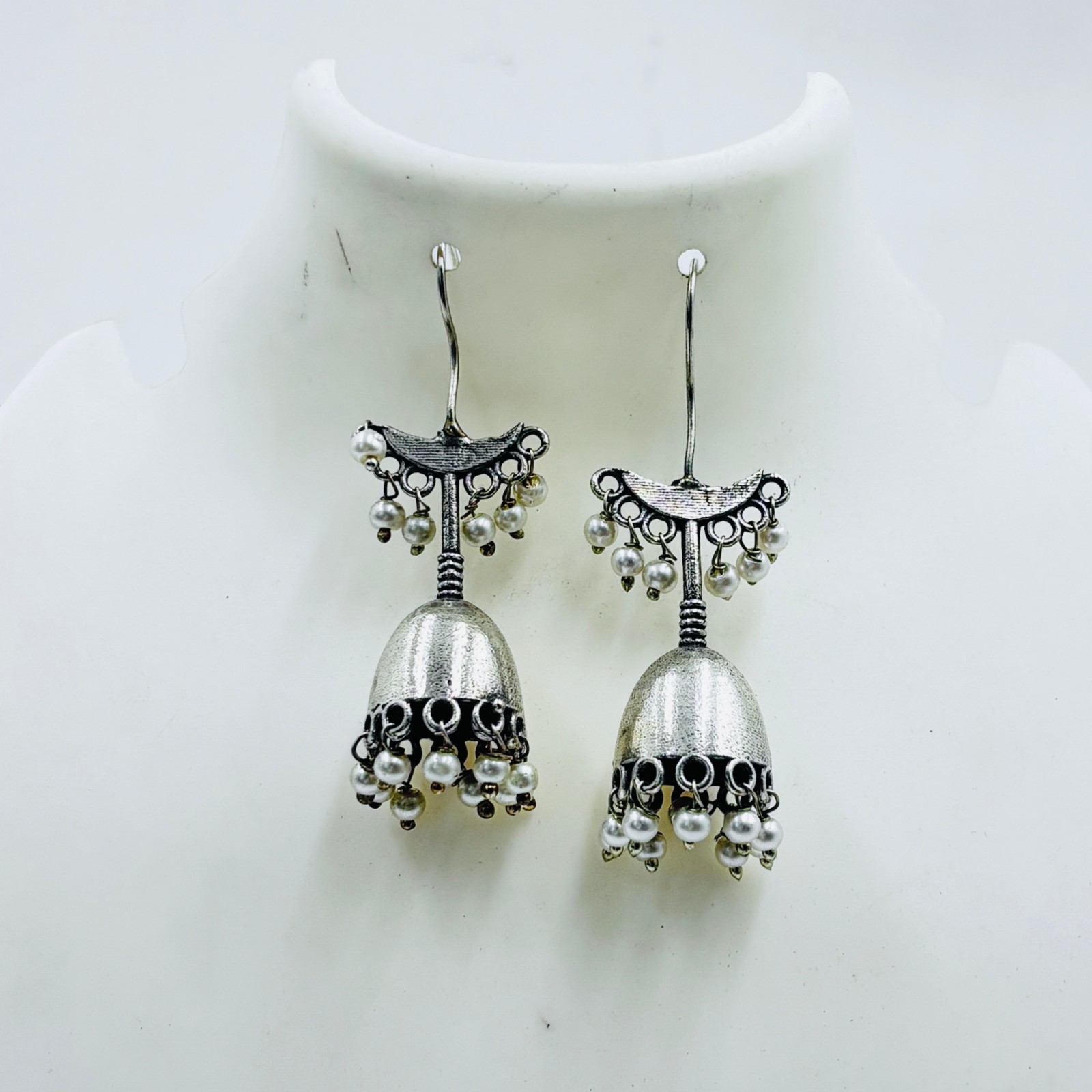 Oxidized Silver Plated Jhumka Earrings with Artificial Pearl Hook Dangle Jewelry