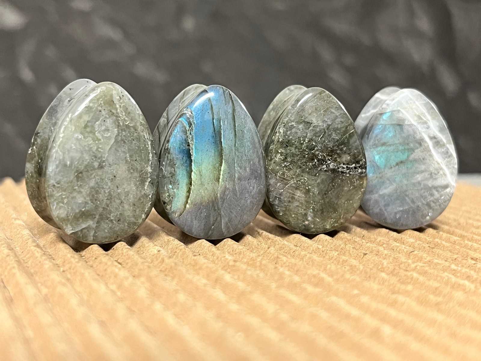 PAIR Tear Drop Labradorite Natural Stone Double Flare Plugs Organic Gauges