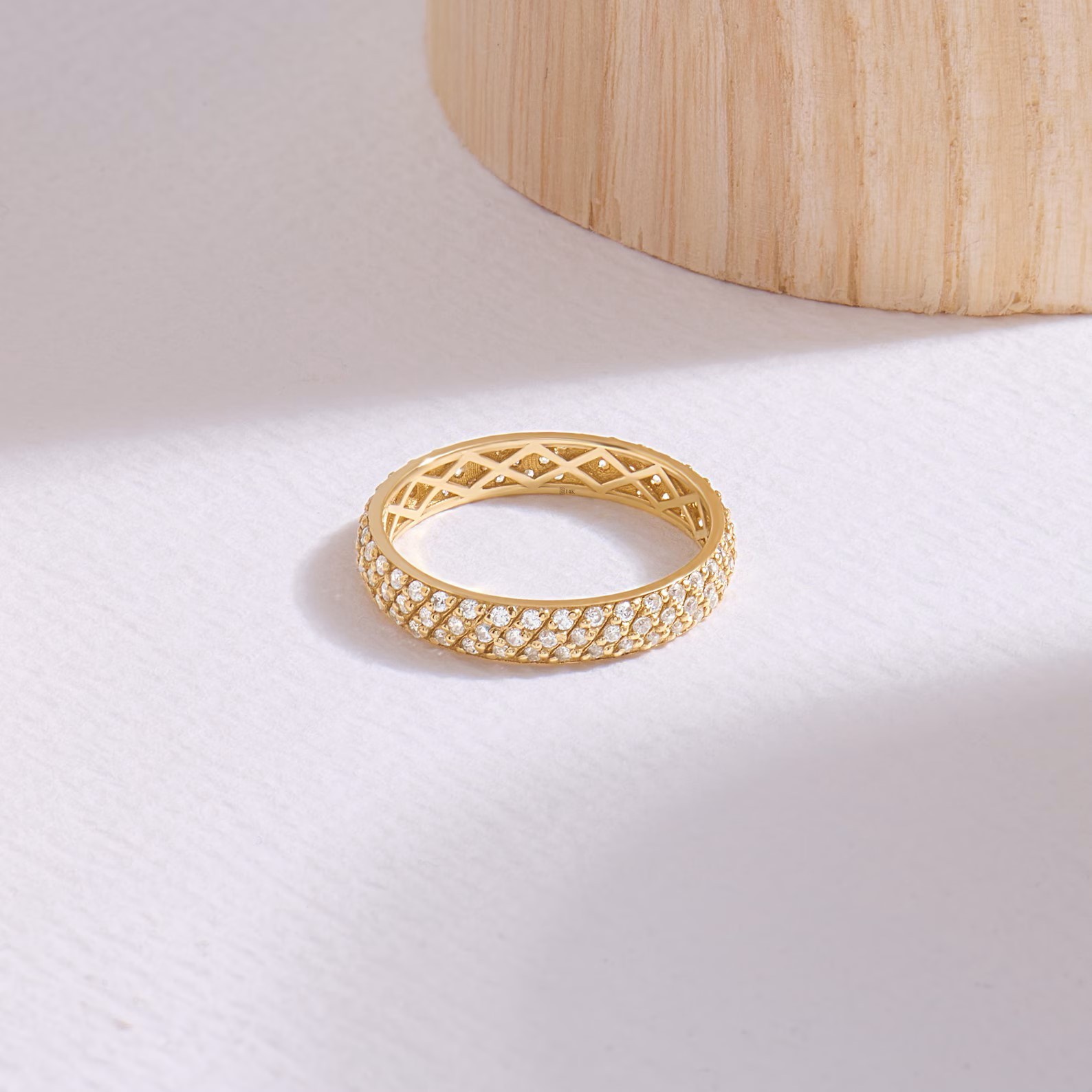 Minimalist Dome Ring Pave Moissanite Eternity Band Ring Solid 14k Yellow Gold