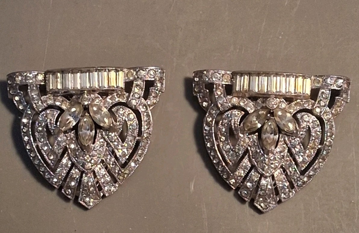 CORO DUETTE Brooch Dress Clip Set Rhinestone Art Deco 1930s RARE VERSION Signed