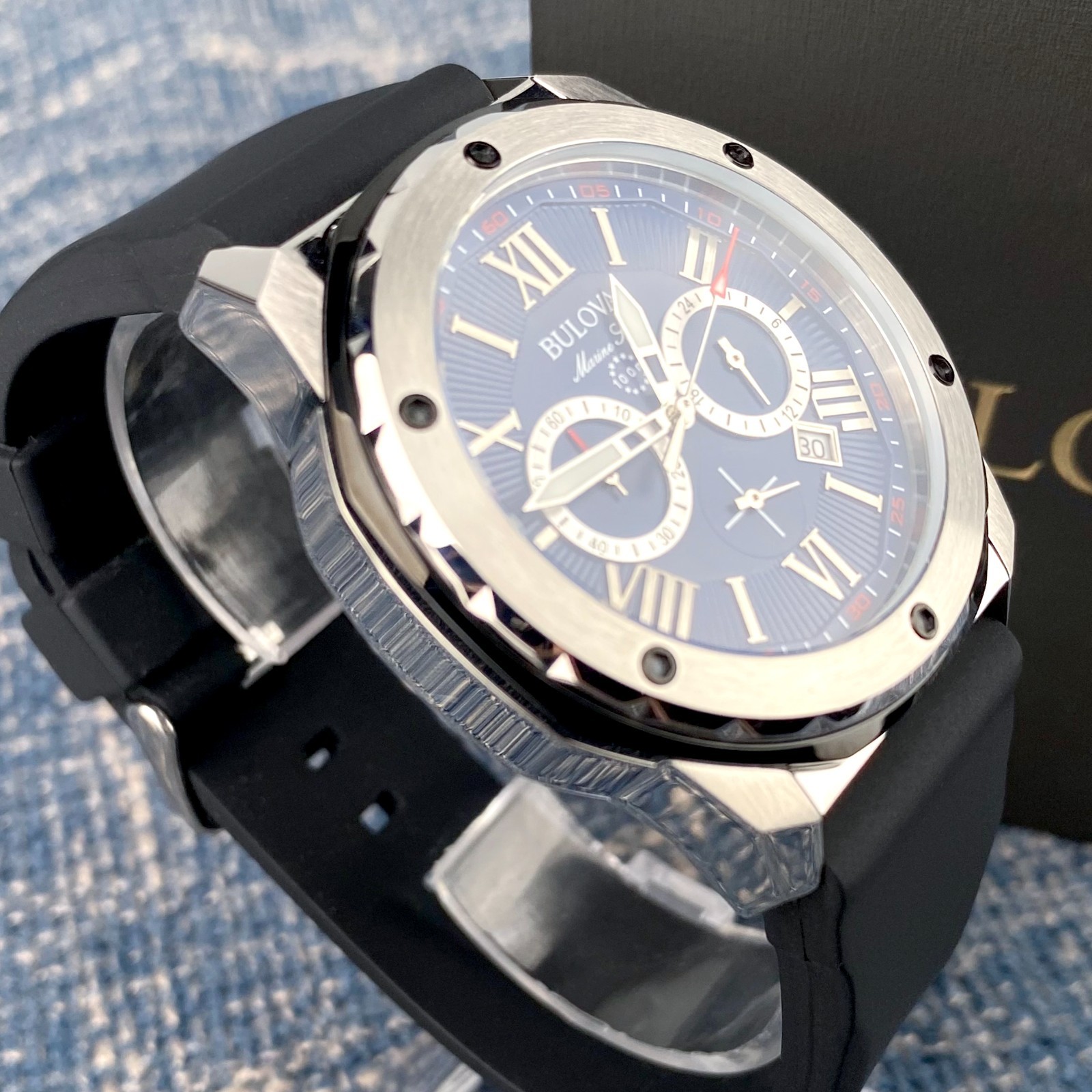Bulova Marine Star 98B258 Blue Dial Black Rubber Strap Quartz Men’s Watch