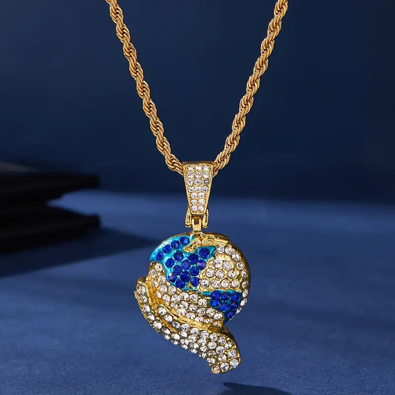Iced World in Your Hand Globe Pendant & 24″ Rope Chain Fashion Bling Necklace