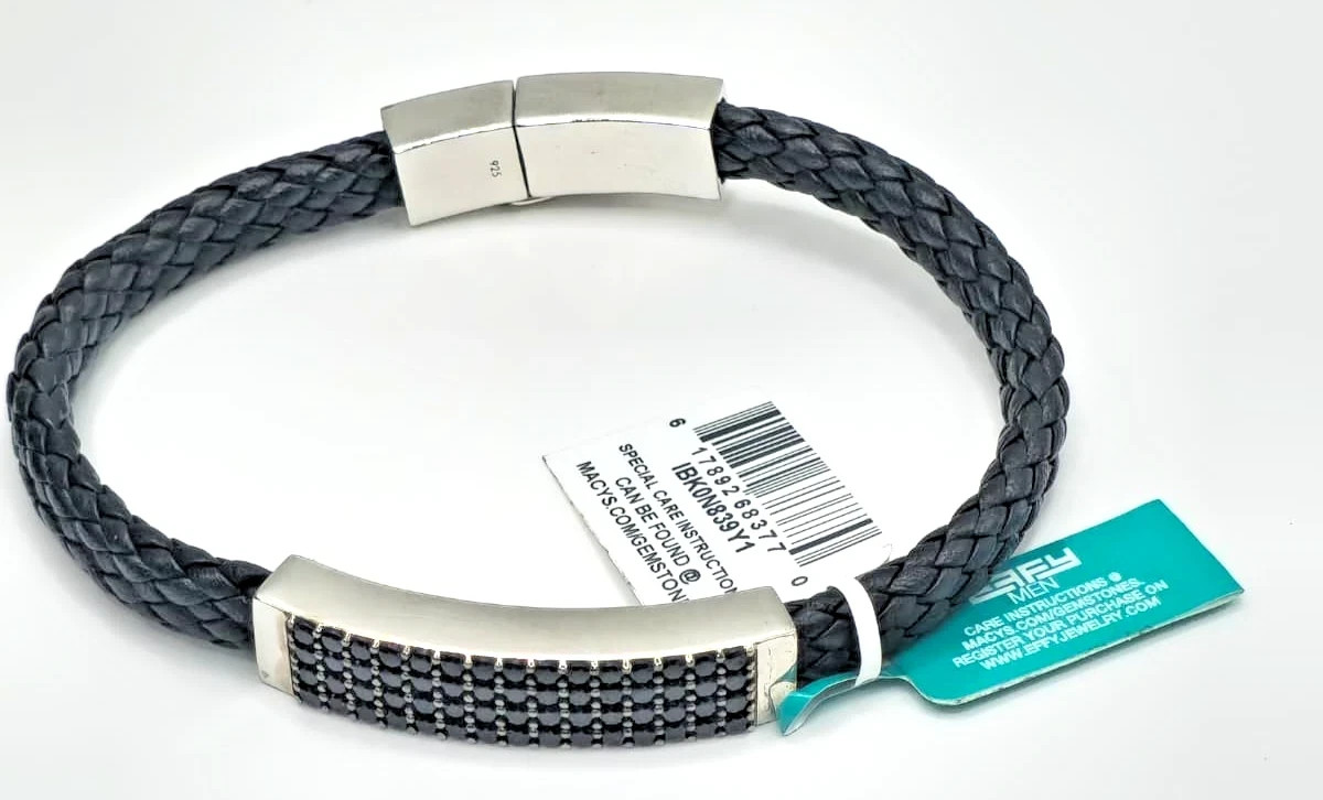 EFFY Mens Braided Black Leather Bracelet 925 Silver Black Spinel Steel Clasp