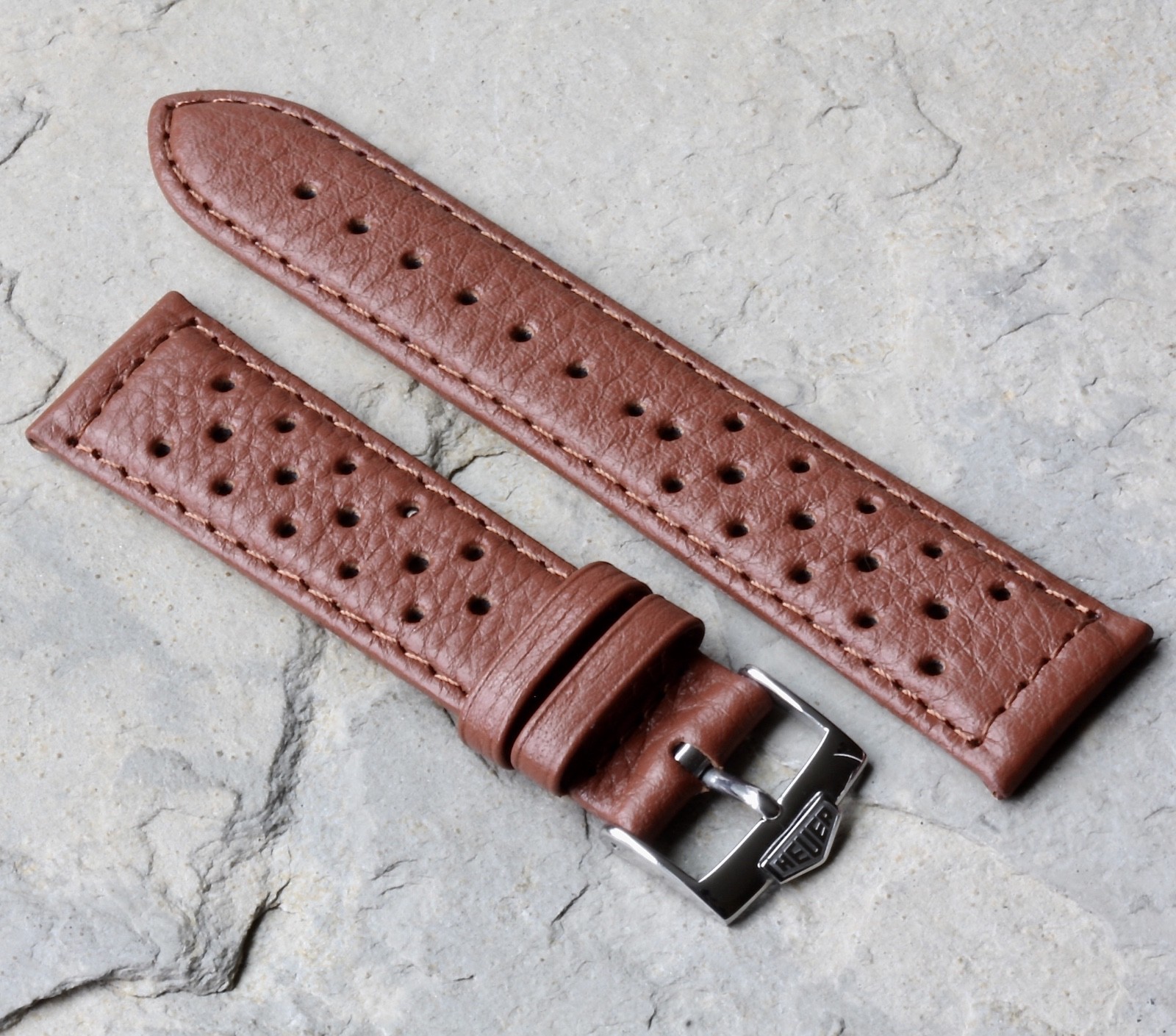 Heuer Autavia 20mm perforated honey tan leather rally strap with Heuer buckle