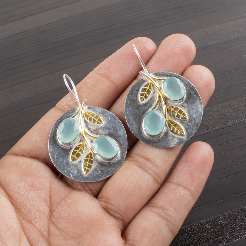 925 Silver Aqua Chalcedony Stone Bezel Drop Throat Chakra Boho Earrings Jewelry
