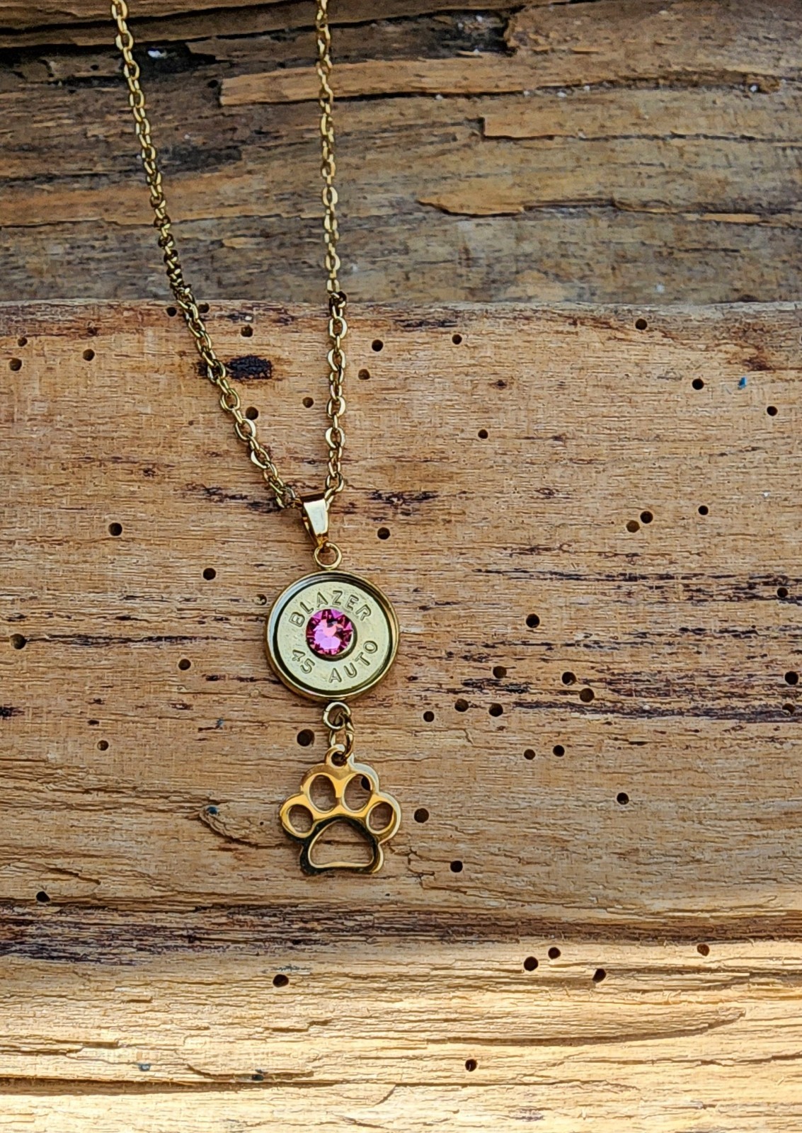 Gold Stainless Steel Bullet Necklace with Puppy Paw Charms. Optional Color.