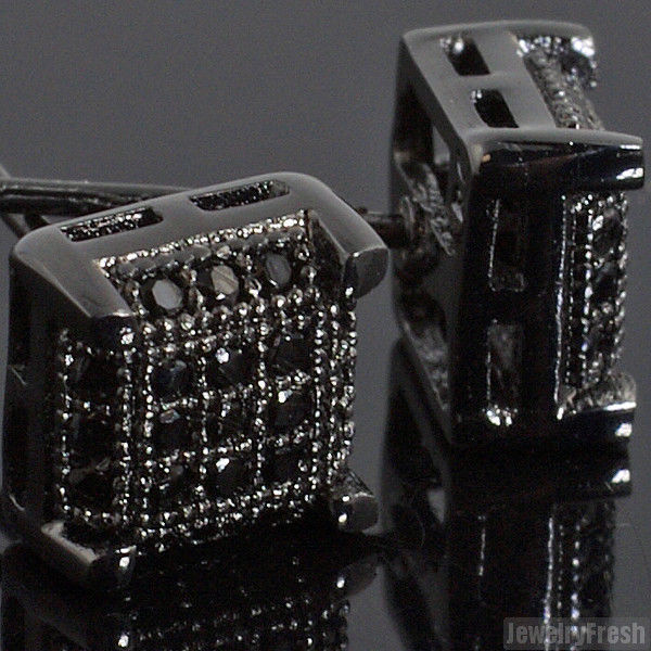 All Black Small Cube Micropave Mens Stud Earrings