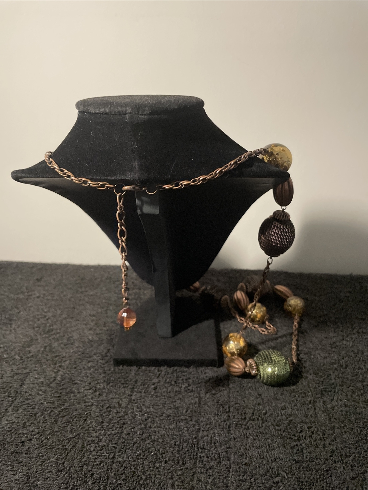 VTG Chunky Statement Beaded & Mixed Mesh Green Gold Honey Tan Sparkle Necklace
