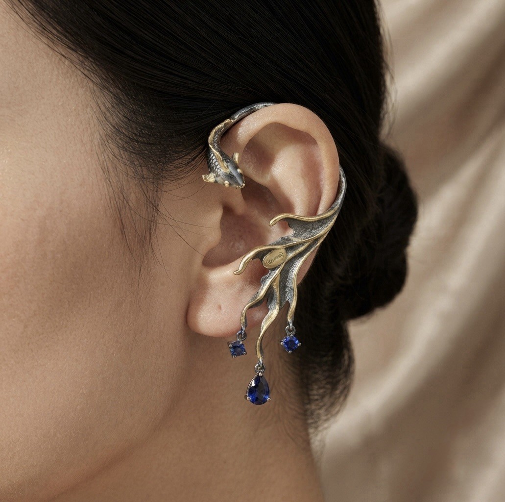 Unique Fashion Lovely Fish Cover Ear Cuff Clip Earrings with blue Spinel