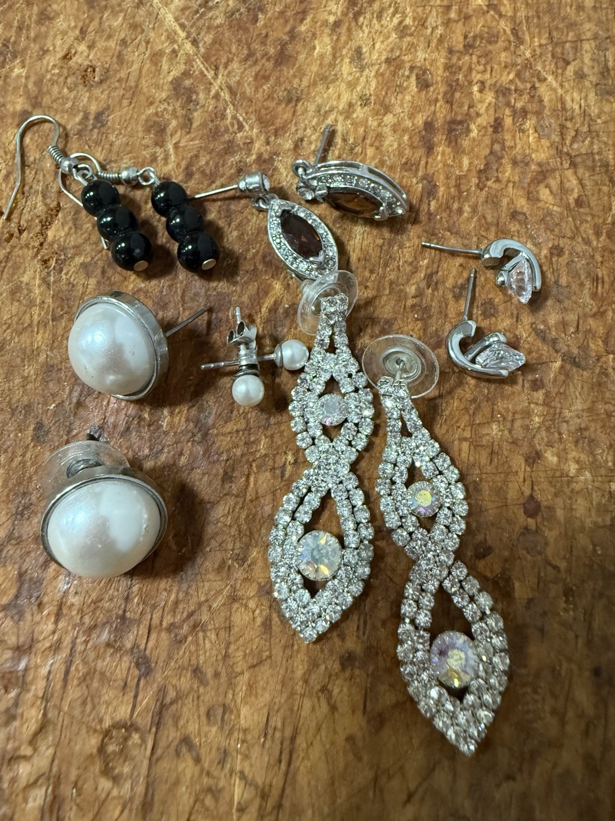 silver-tone clear round rhinestone dangle/drop & stud earrings mixed lot