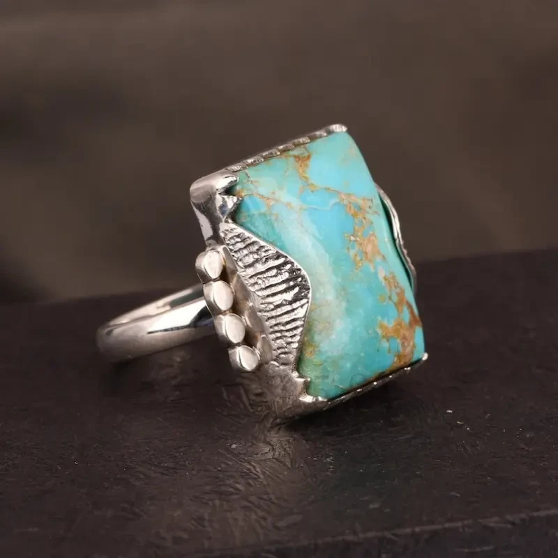 Boho 925 Sterling Silver Elegant Charms Vintage Turquoise Charms Ring Size 9