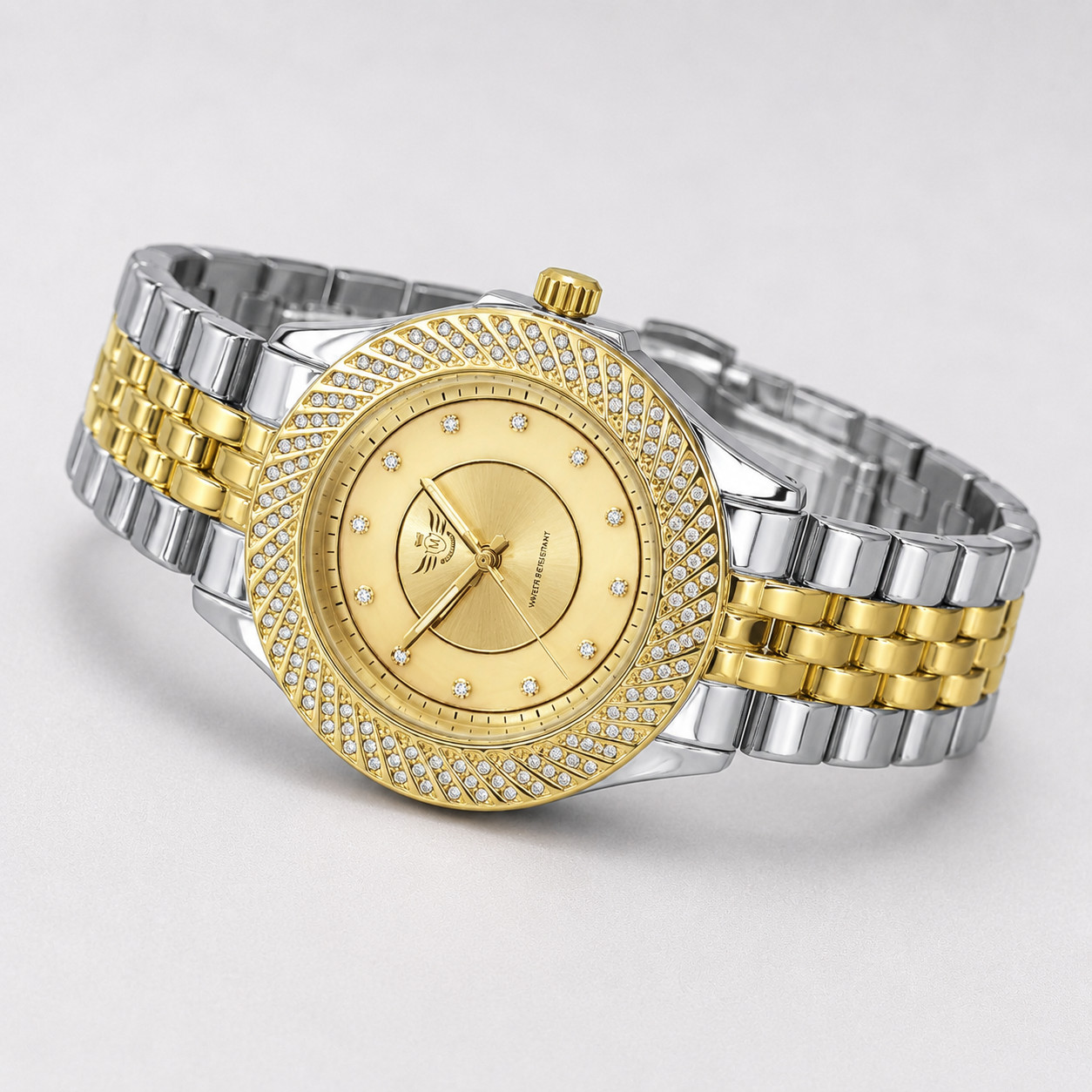Mens Iced Out Watch Gold Silver Tone Crystal Bezel Quartz 43mm Steel