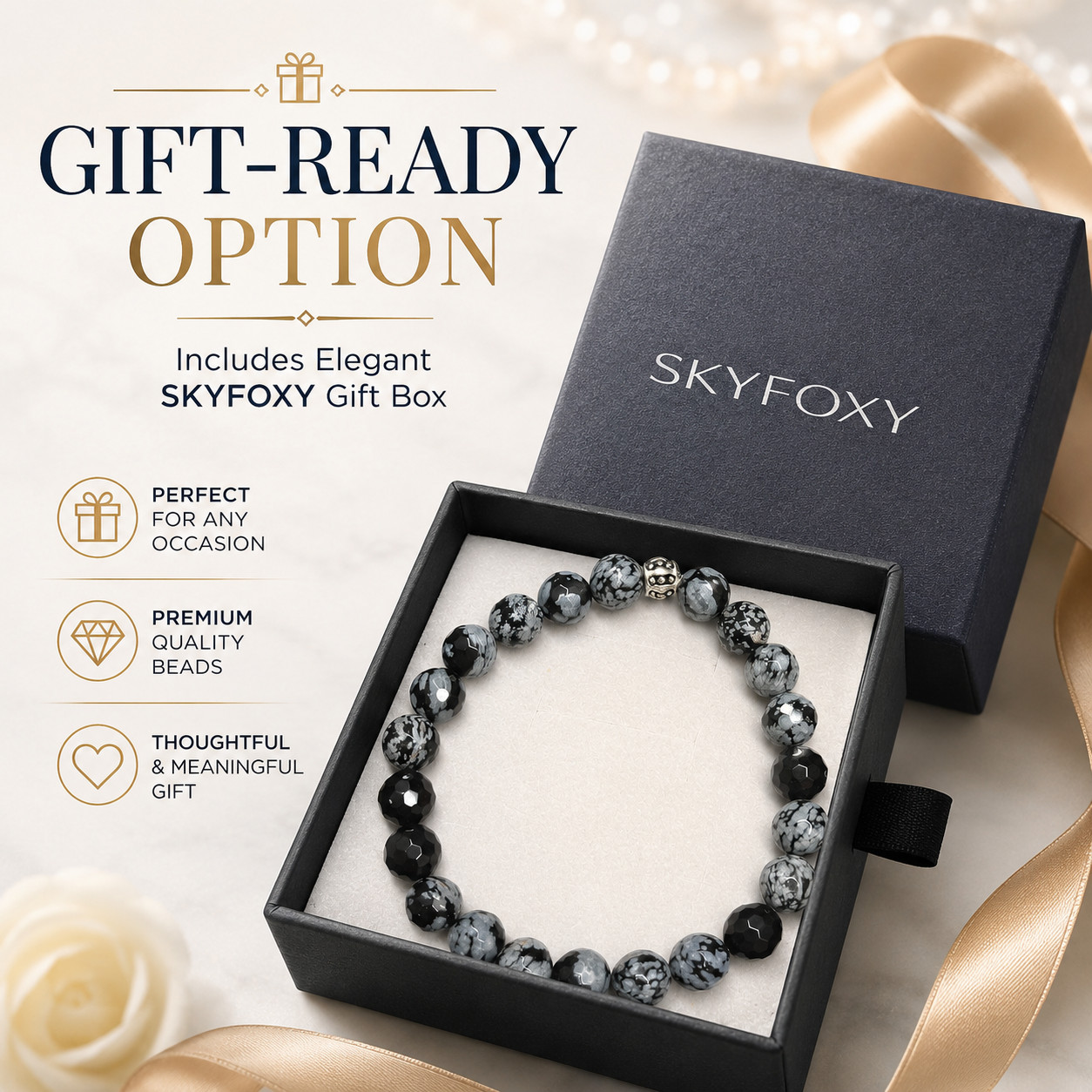 SkyFoxy Snowflake Obsidian 8mm Beaded Stretch Bracelet 7.5 9 in