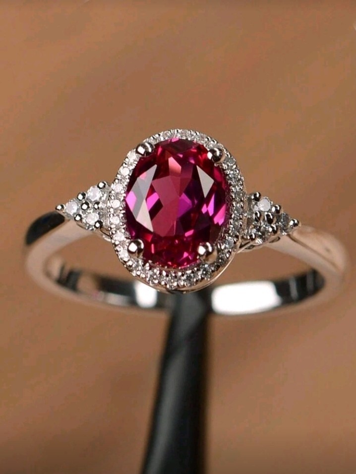 Silver-Plated Zinc Ring Hot Pink Oval CZ With White/Colorless Inlay Size 8