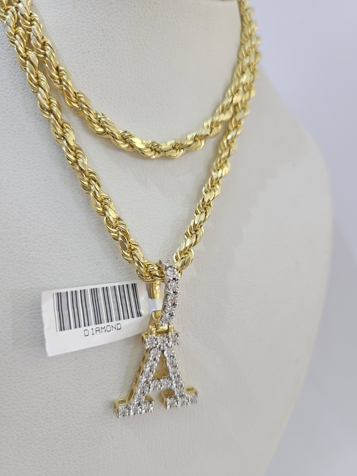 10k Rope Chain A Diamond Initial Charm Necklace Pendant Set 4mm 20″-30″ Gold