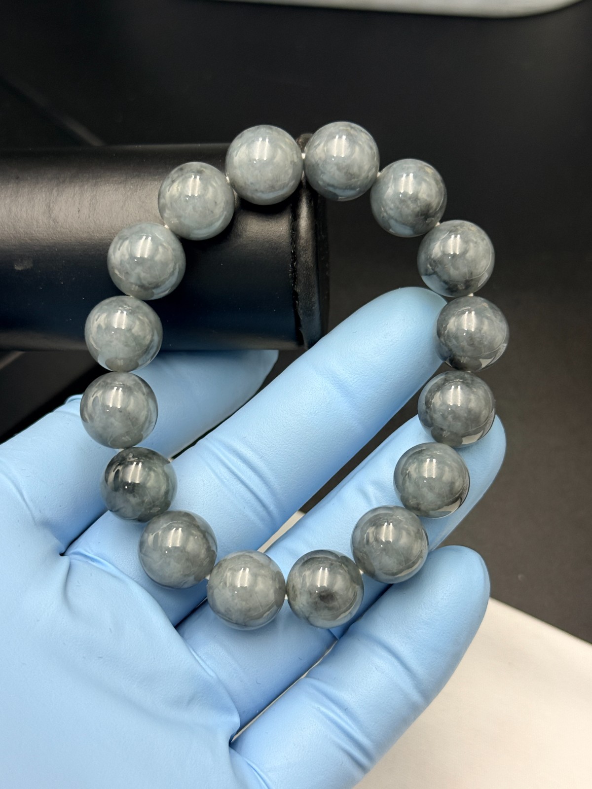 Certified Natural Jadeite Jade Beaded Bracelet Black Gray 13.7 mm #100086
