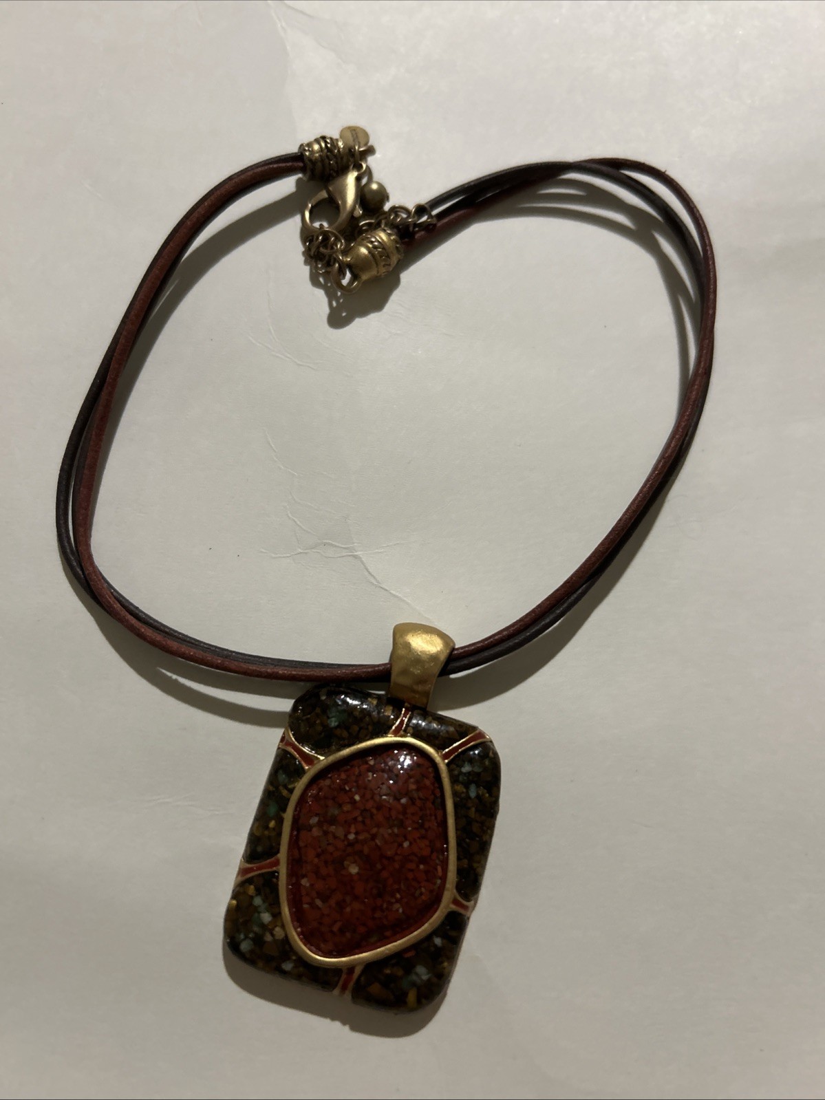 Chico’s Leather Multi Strand Statement Necklace Red Brown Green