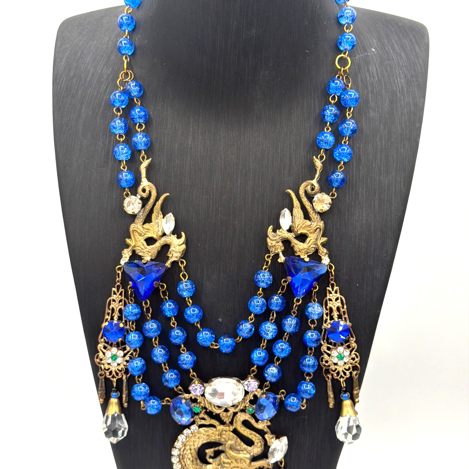 Vintage Czech Glass Necklace Blue Beads Multi Strand Dragon Motif Statement