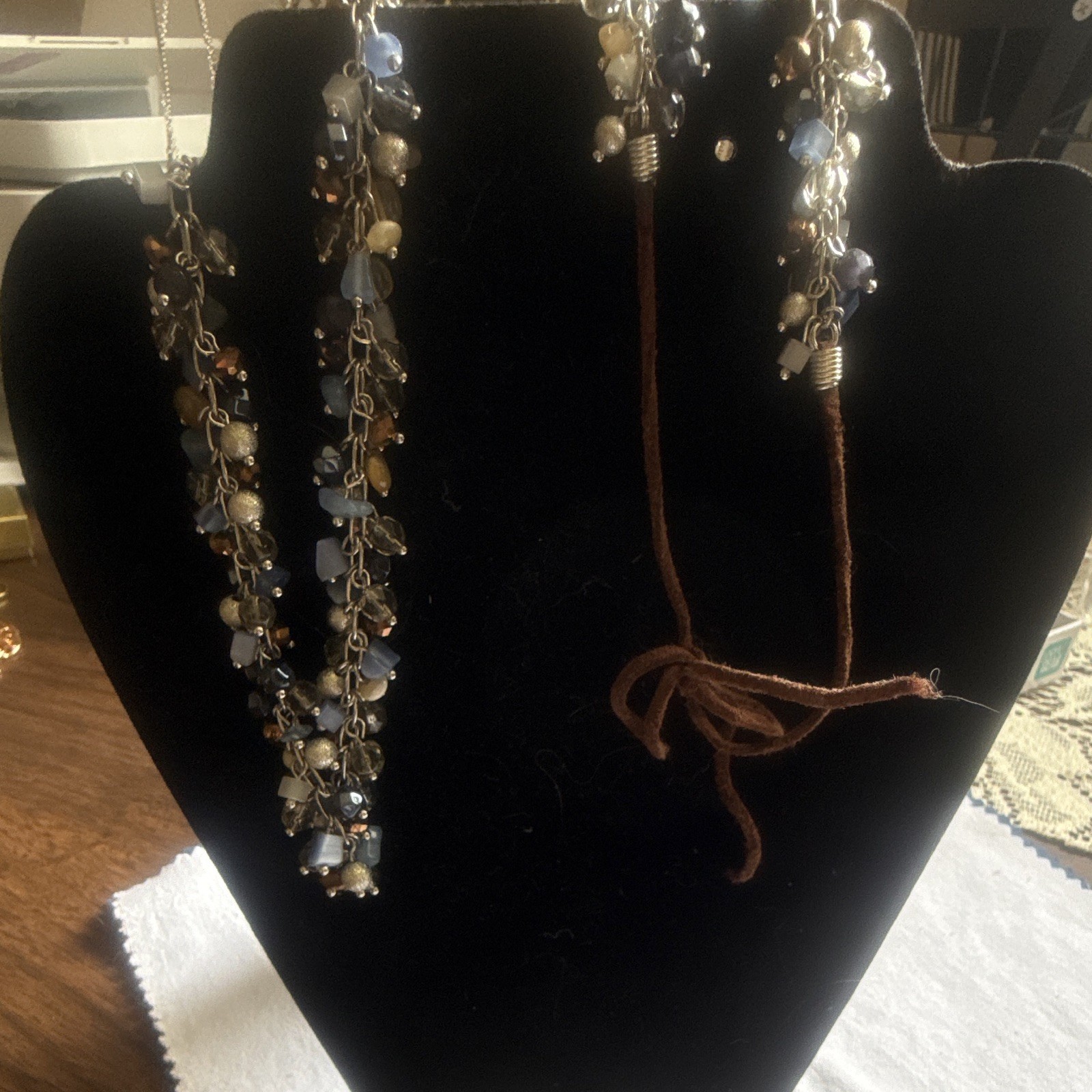 Blue Gold Tone Beaded Crystal Glass Tie Adjustable Necklace Round Stone