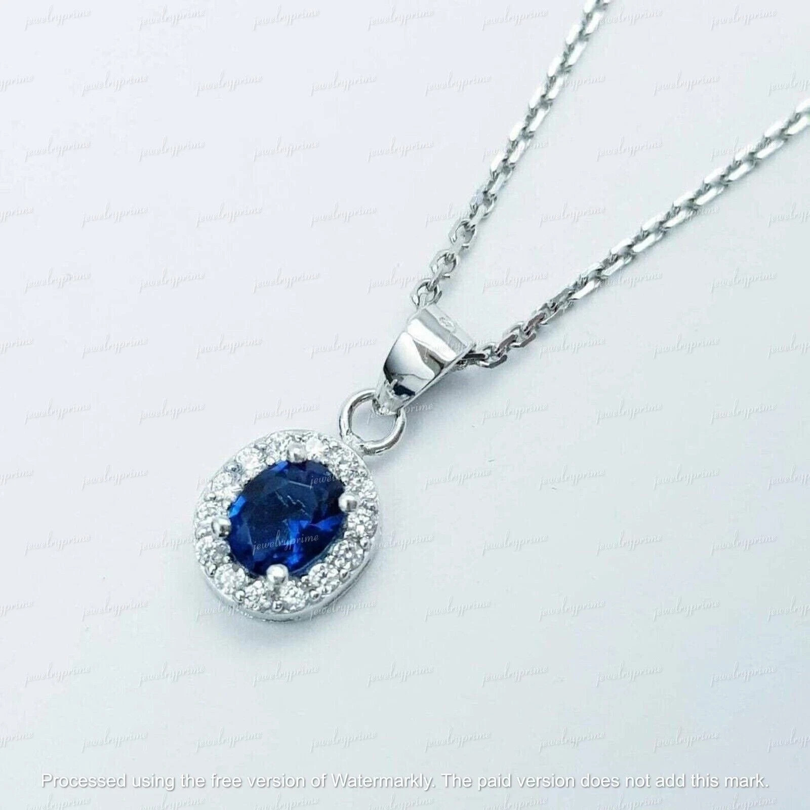 2Ct Oval Cut Lab-Created Blue Sapphire Women Halo Pendant 14K White Gold Plated
