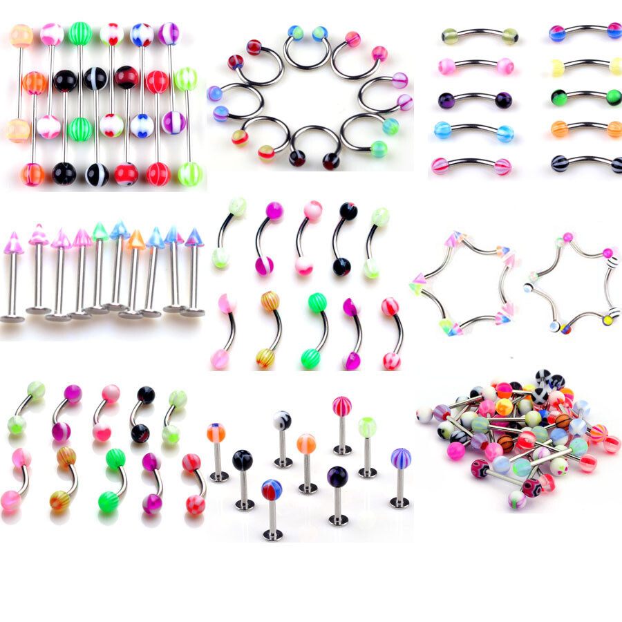 Lot 110 PCS Body Piercing Eyebrow Navel Belly Tongue Lip Bar Ring Mixed Colors