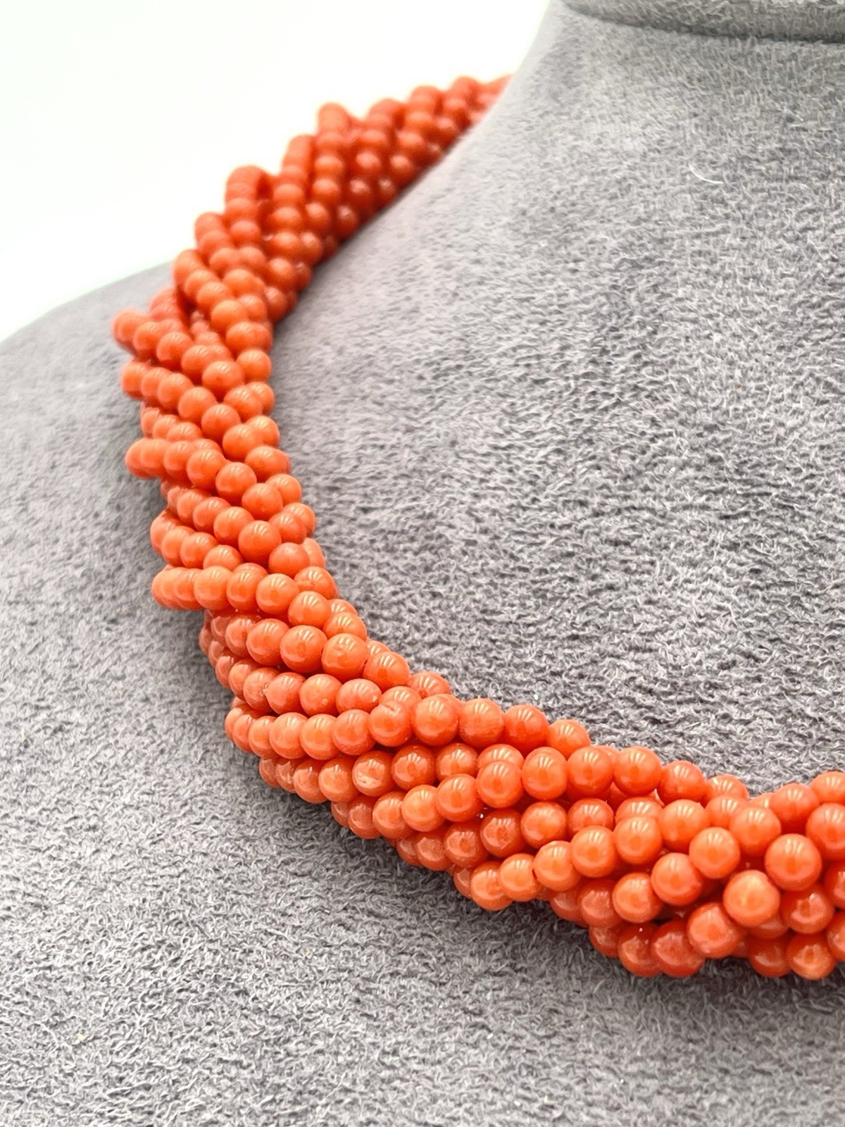Mediterranean Red Coral Torchon Necklace 9 Strands 4mm 18kt Gold Natural Handmade