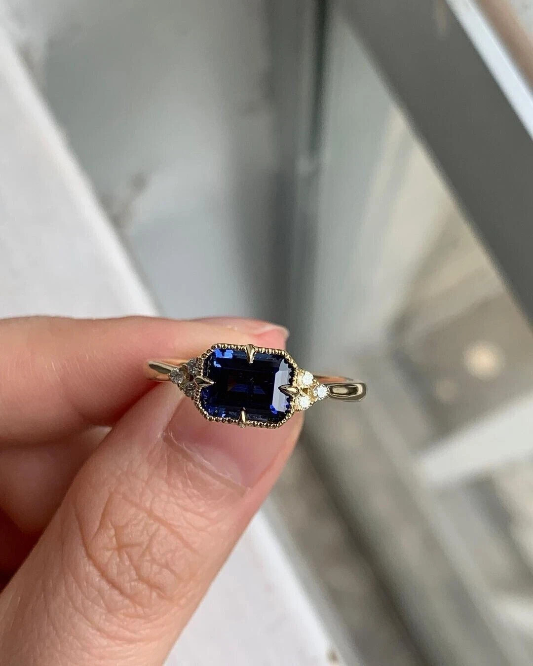 Art Deco Emerald Cut Sapphire & Lab Created Diamond Engagement 14K Gold FN Ring