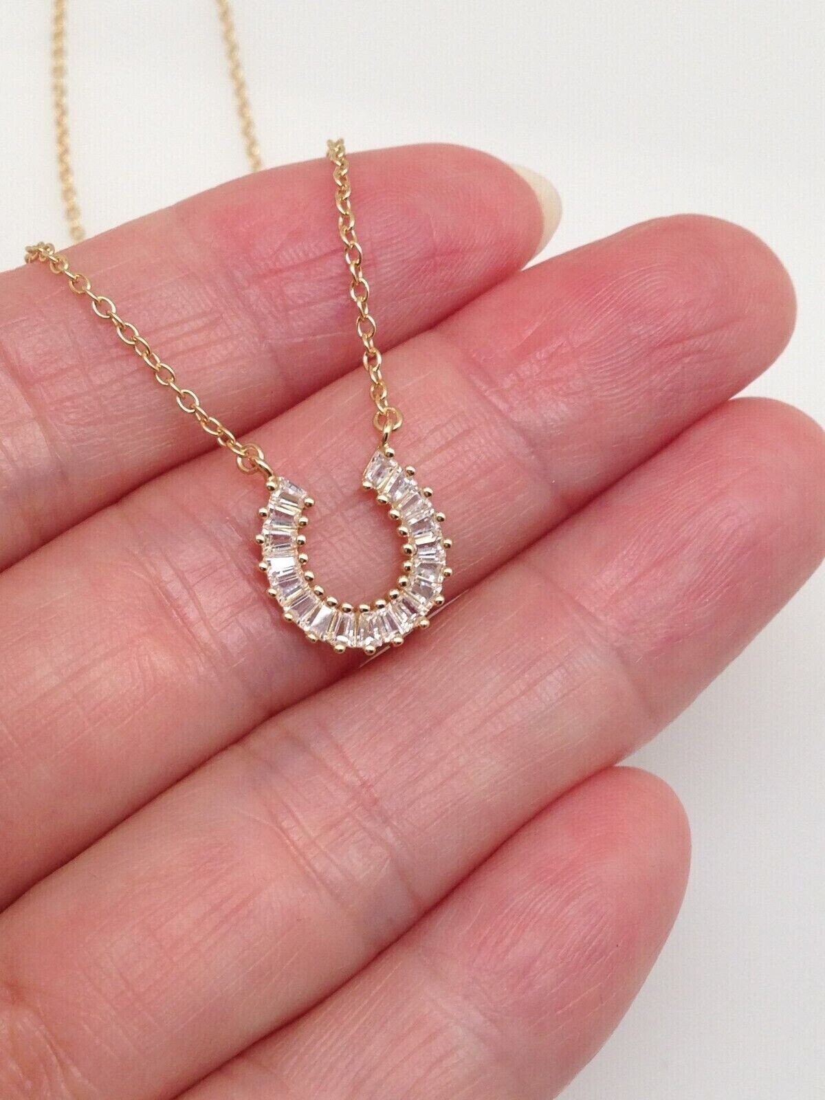 925 Sterling Silver CZ Baguette Horseshoe Pendant Necklace Gold Women 10.8mm