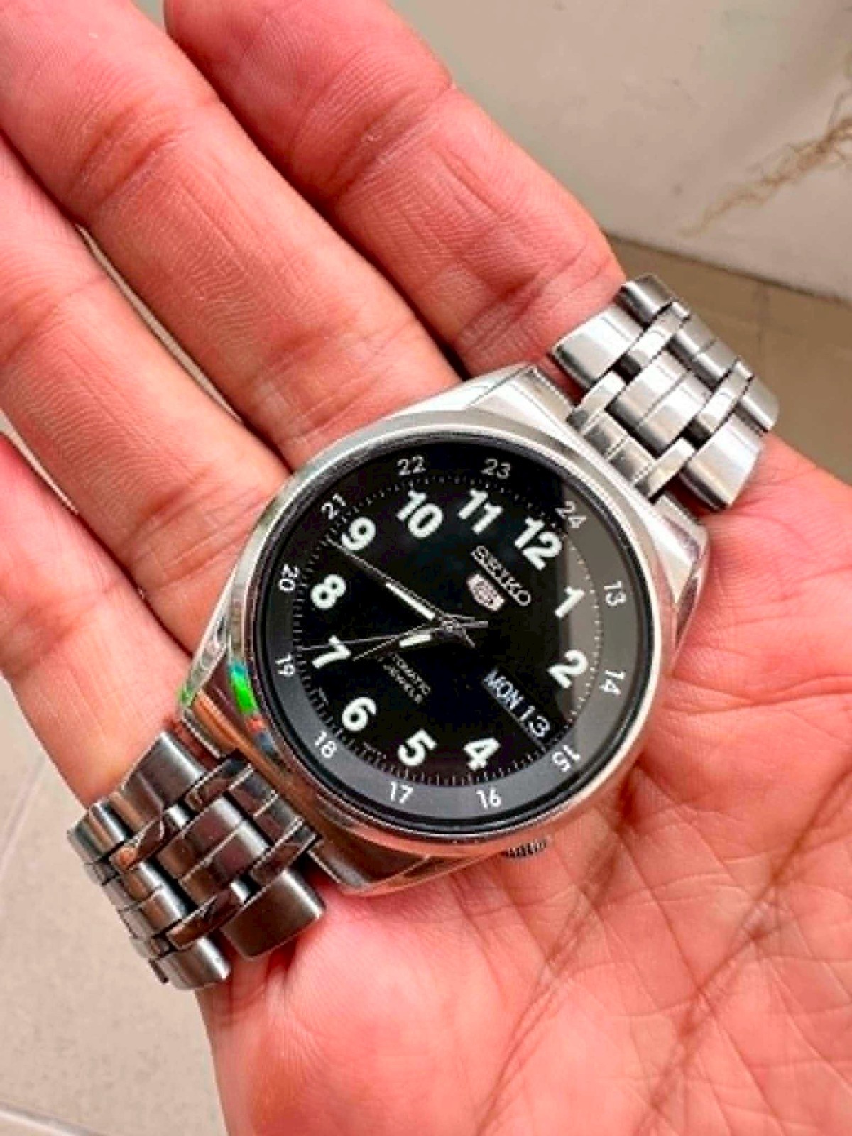 Vintage Seiko 5 Automatic SNK381K1 Military Black Dial Full Lume Numbers Watch