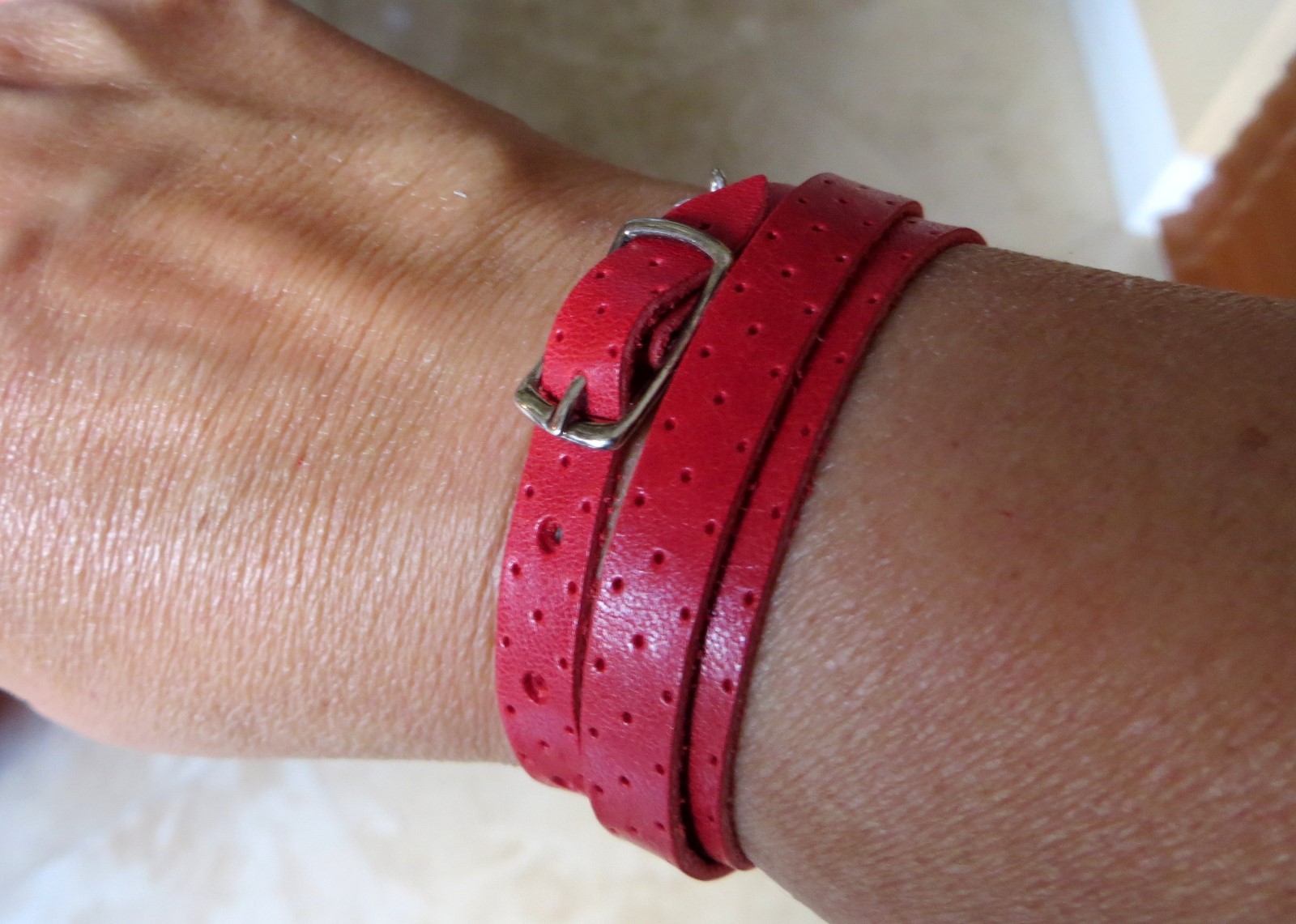 Red Leather Wrap Around Bracelet with 925 Silver Buckle with Hanging Heart