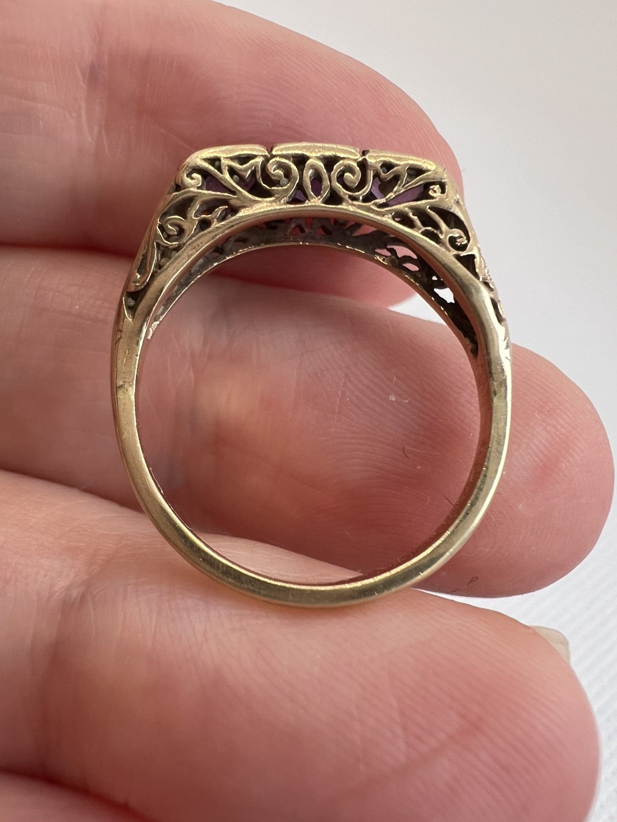 Vintage 9ct Gold Natural Amethyst Trilogy Half Hoop Ring Pierced Gallery; M 1/2