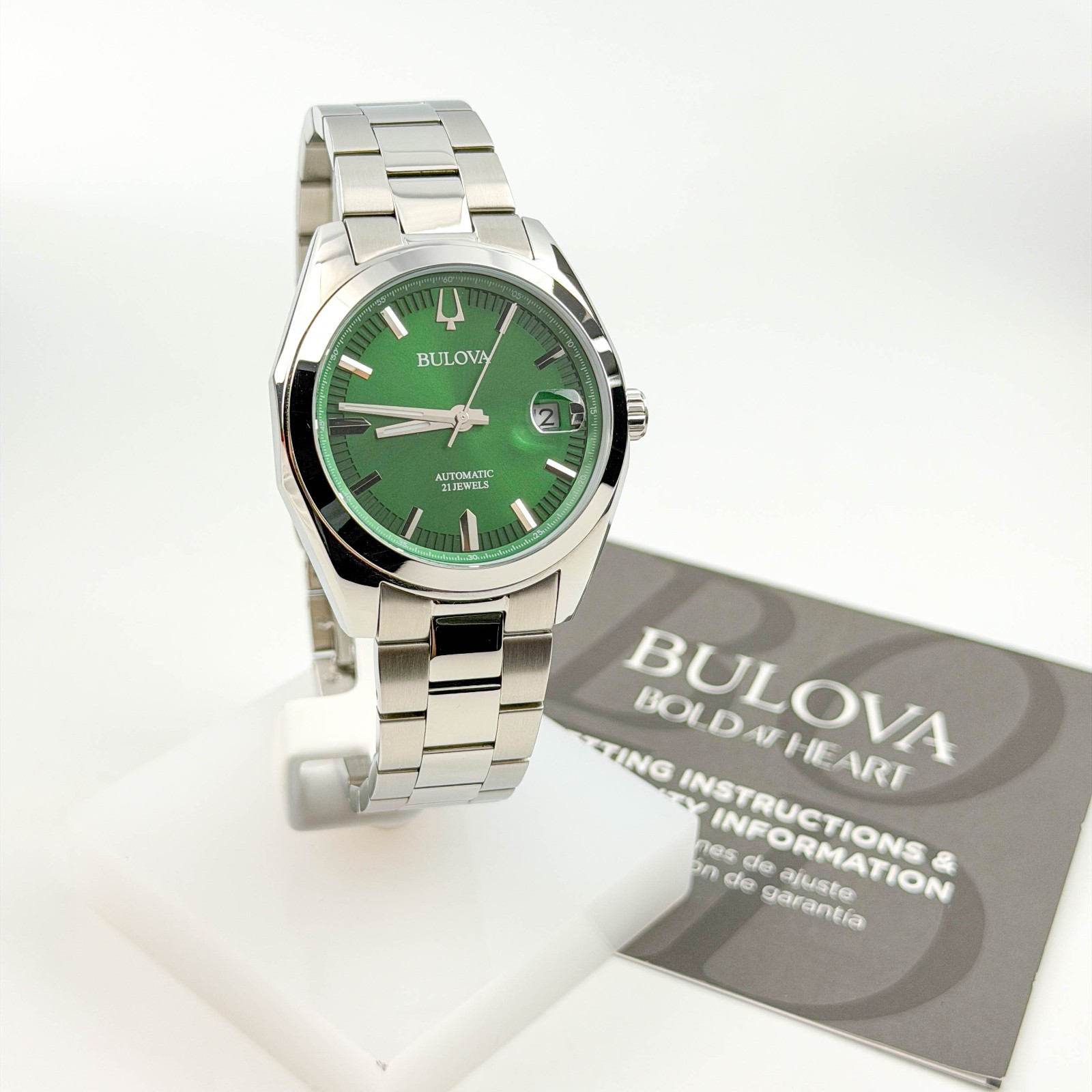Bulova 96B429 Men’s Surveyor Automatic Green Dial Stainless Steel Watch 38mm New