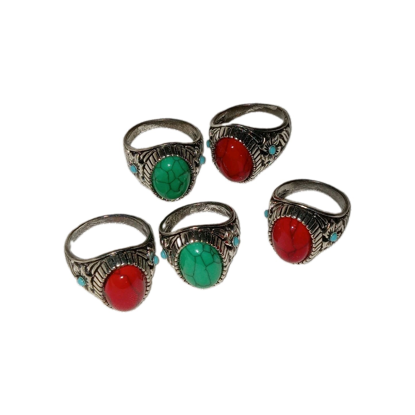 Resellers lot 5 Western/Biker Rings Assorted Sizes Blue green And Red Stones