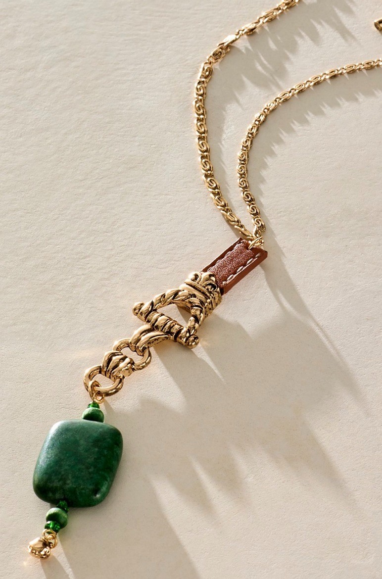 Free People Winlet Layer Necklace Gold Tone Mixed Long 3 Layers Green Stone NWT