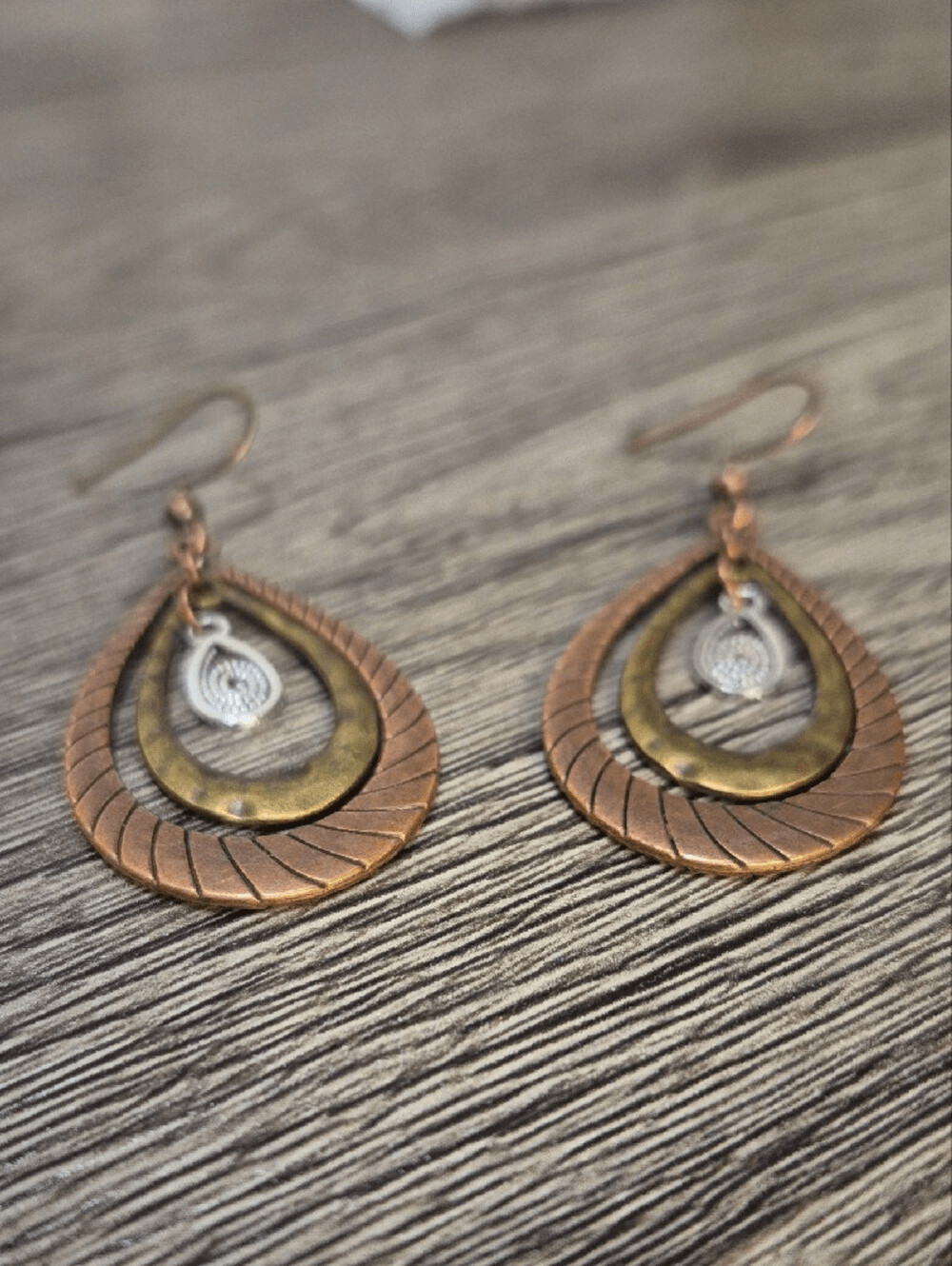 Copper and Brass Teardrop Dangle Earrings with Silver Accent