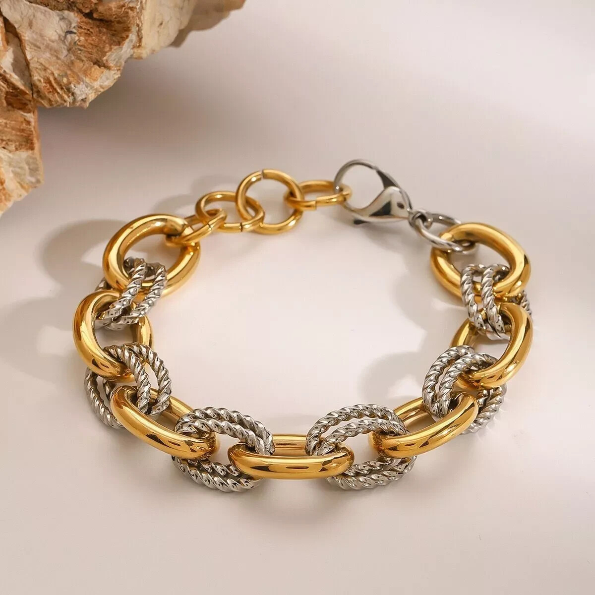 Woman 18K Gold Plated Silver and Gold Rolo Link Chain Bracelet Bangle 9 in/23cm
