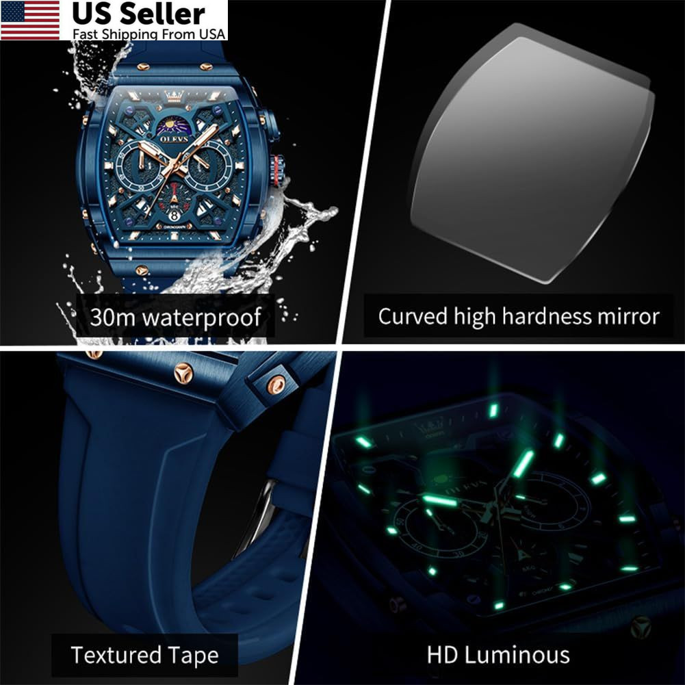 OLEVS Mens Watches Stylish Chronograph Waterproof Blue watches for men 42