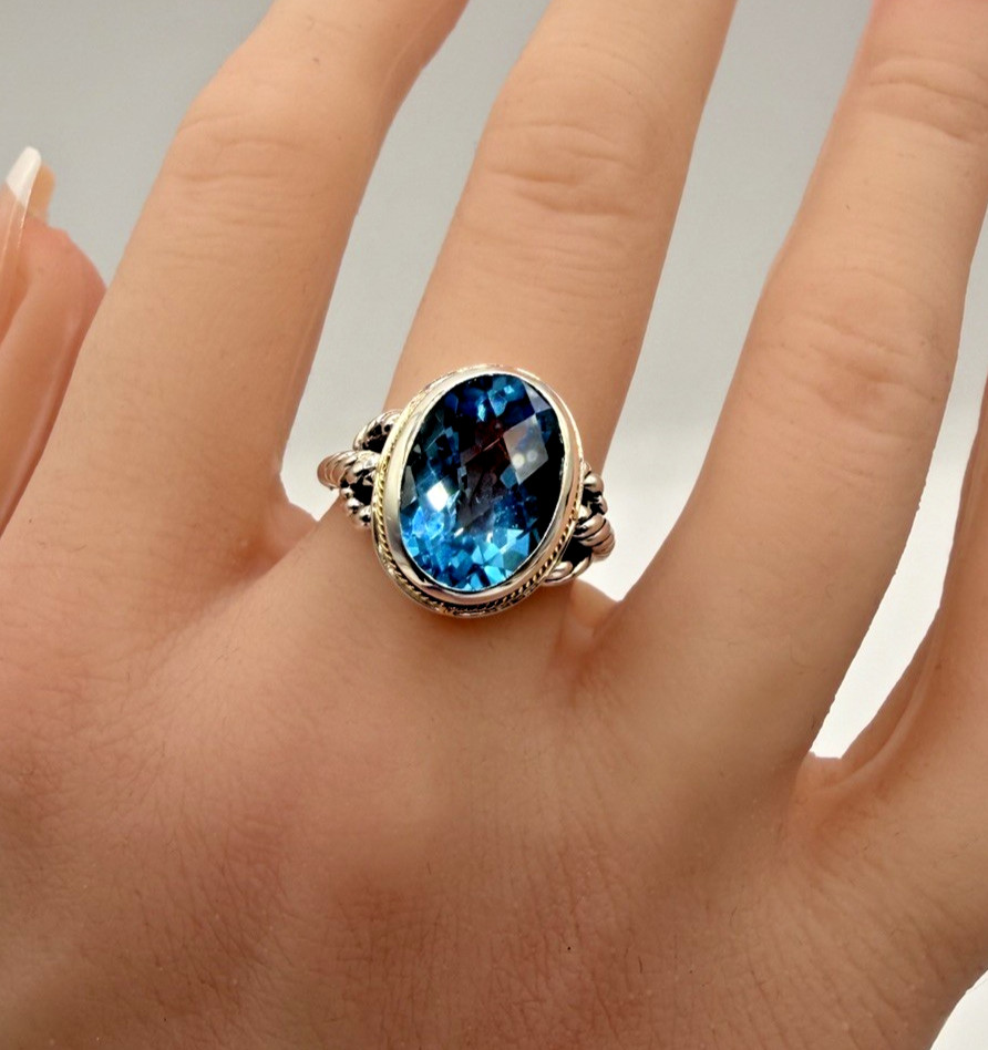 Designer Effy Sterling Silver & 18k Gold Oval Blue Topaz Twisted Cable Ring Sz 7