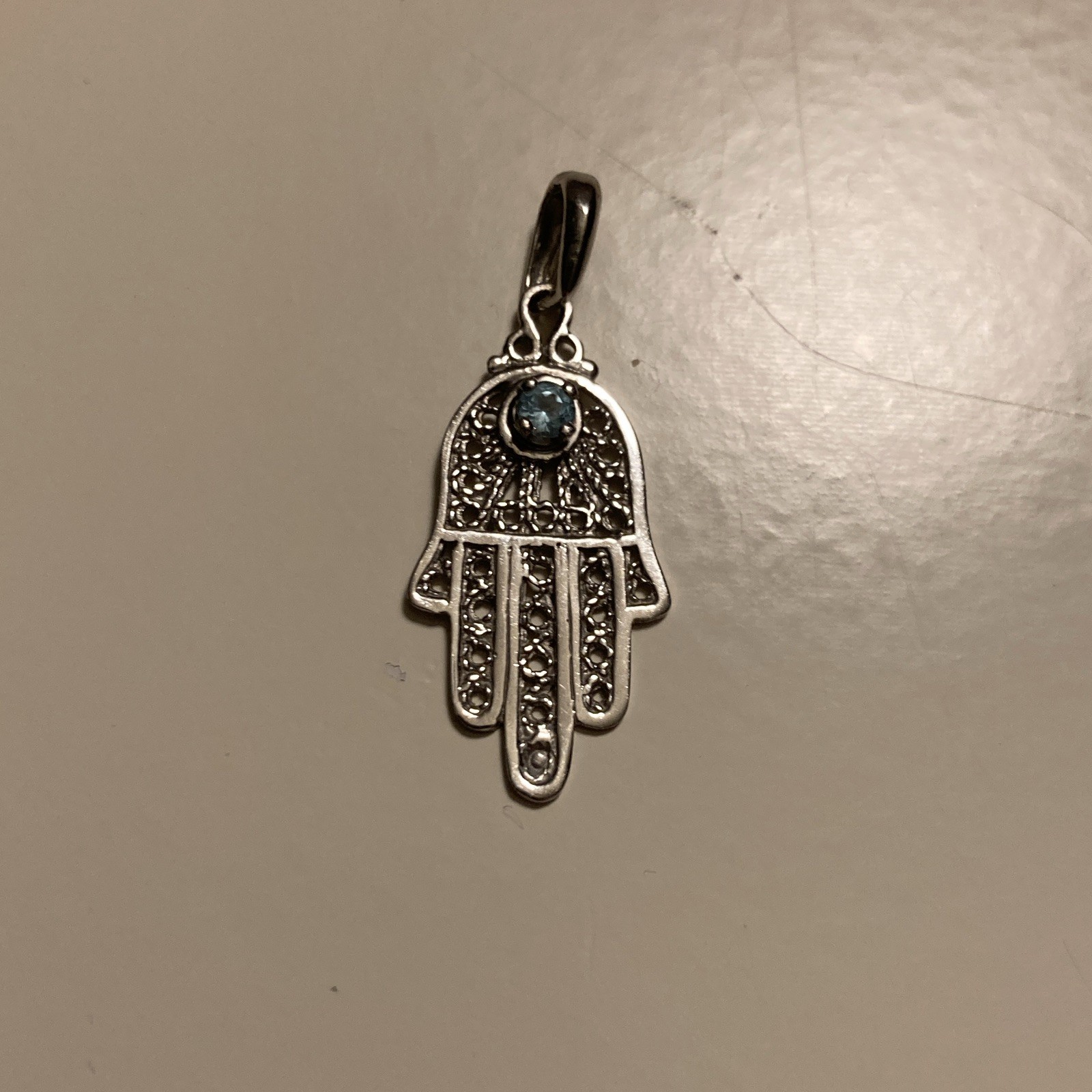 Silver Tone Hamsa Hand Charm Pendant w/ Aquamarine, Religious Theme