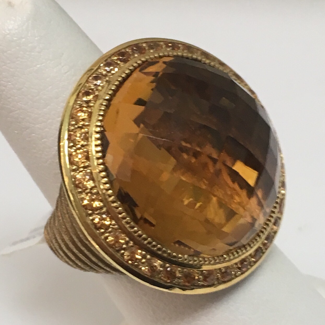 Designer Alex Soldier 18KYG 22mm Special Cut Citrine & Spesartite Ring 17.95 Dwt
